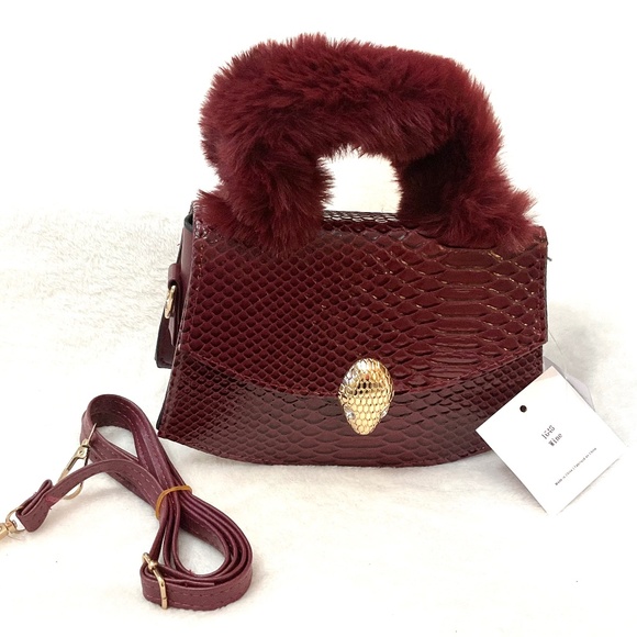 Wine Burgundy Faux Fur and Snakeskin Top Handle Handbag with shoulder strap - Picture 1 of 16